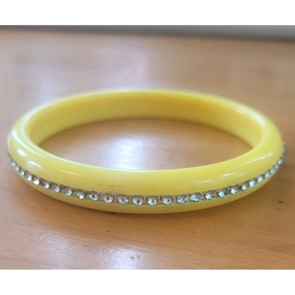 Vintage Chunky Yellow Lucite Bangle Bracelet Rhinestone Studded Retro 70s 80s